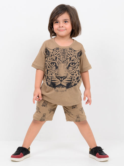 Oversized Tiger Themed Cotton Short Set (Beige)